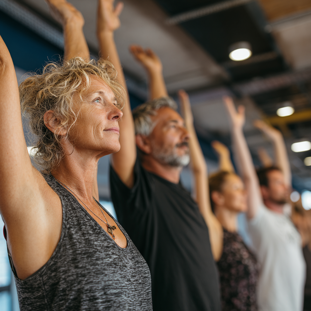 A group of adults aged 45-55 practicing gentle yoga stretches together in a bright modern studio, showing diverse participants focused on their movements