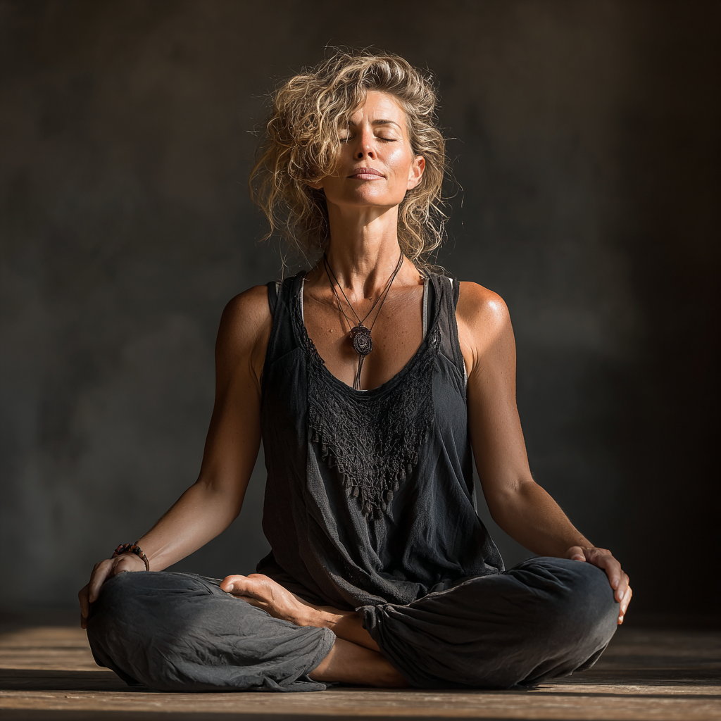 A woman in her late 40s practicing yoga in a peaceful studio setting, sitting in lotus position with eyes closed and serene expression